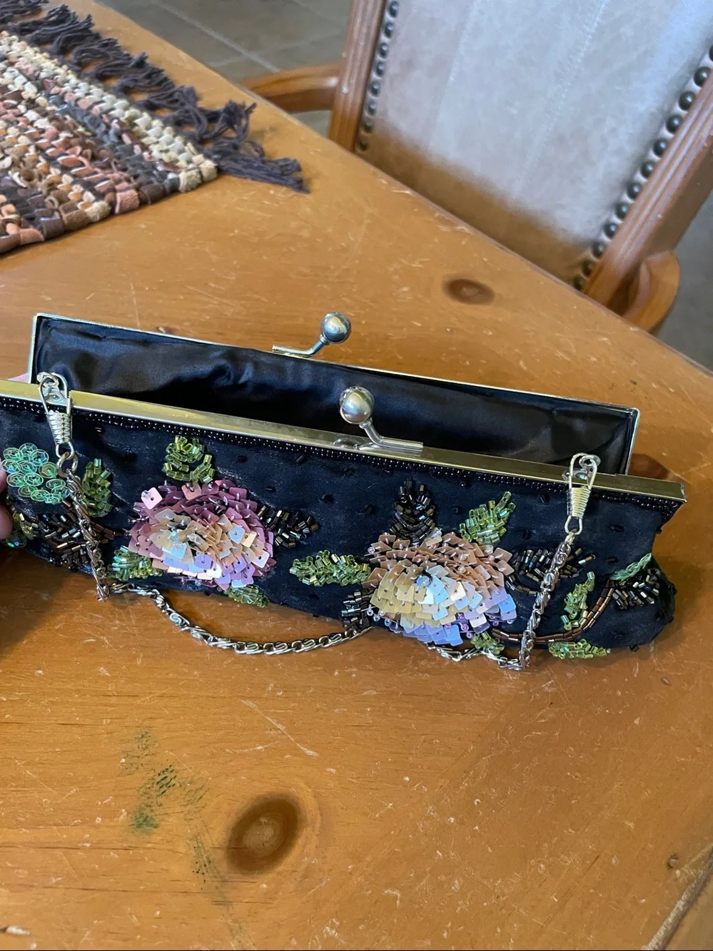 Beaded Floral Embellished Black Evening Clutch